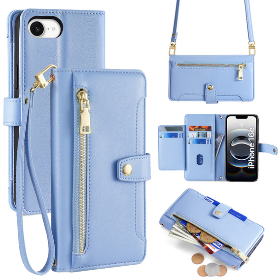 Klapkové puzdro pre iPhone 16E, Wallet Zipper Pocket, modré