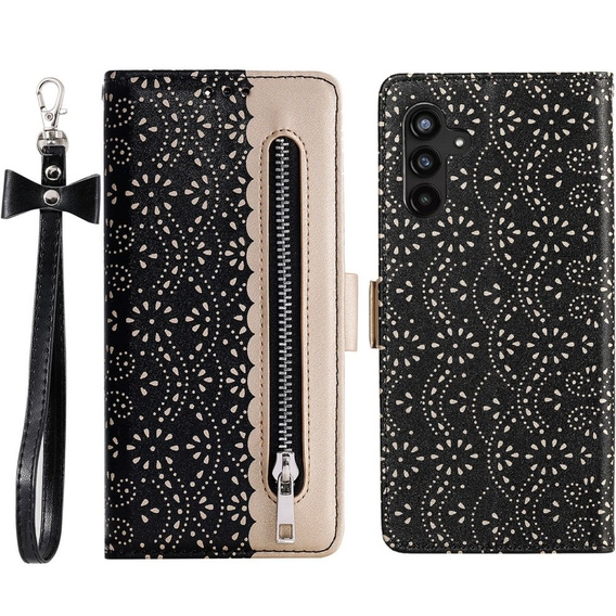 Klapkové puzdro pre Samsung Galaxy A14 4G/5G, Wallet Pocket Zipper Lace, čierne