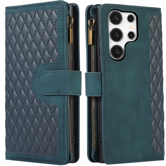 Klapkové puzdro pre Samsung Galaxy S24 Ultra, Wallet Zipper Pocket, s popruhom cez rameno, zelený