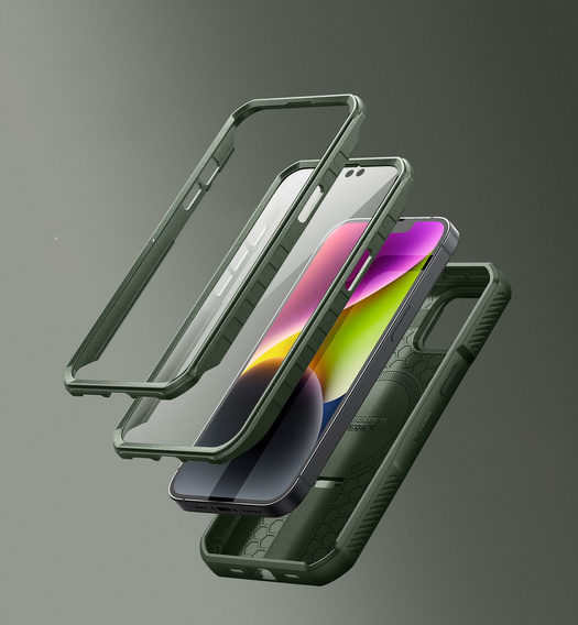 Obrnené puzdro pre iPhone 13 / iPhone 14, Dexnor CamProtect MagSafe, zelený (dva rámčeky)