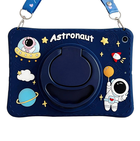 Detské silikónové puzdro pre iPad 9.7" 2018/2017 (6/5 gen.), pancierované s popruhom, Astronaut, tmavomodré