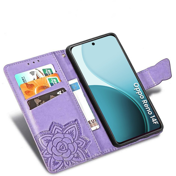 Klapkové puzdro pre Oppo Reno 14F, peňaženka, Butterfly, fialové