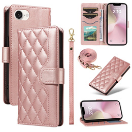 Puzdro s chlopňou pre iPhone 16E, Rhombus Crossbody Leather, ružové rose gold