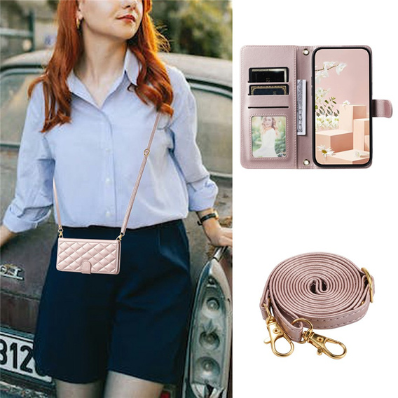 Puzdro s chlopňou pre Samsung Galaxy S25 FE, Rhombus Crossbody Leather, ružové rose gold