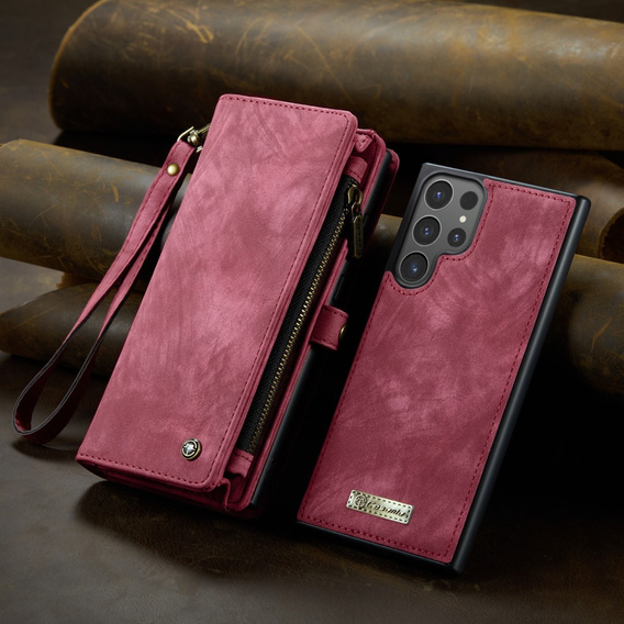 CASEME puzdro pre Samsung Galaxy S25 Ultra, Retro Leather Wallet, s remienkom, červené