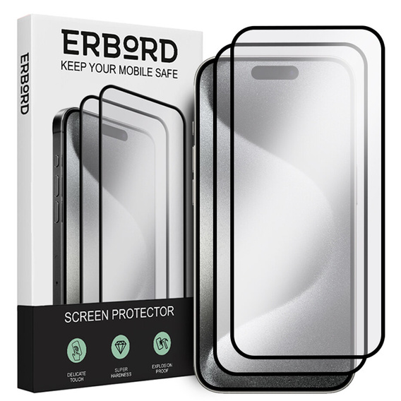 2x tvrdené sklo pre iPhone 15 Pro, ERBORD 3D pre celý displej