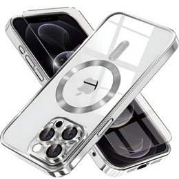 Puzdro pre iPhone 12 Pro, Electro MagSafe, strieborné + sklo na displej