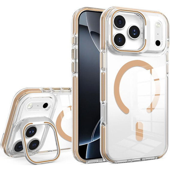 Puzdro pre iPhone 17 Pro Max, pre MagSafe, so stojanom, priehľadné so zlatými vložkami