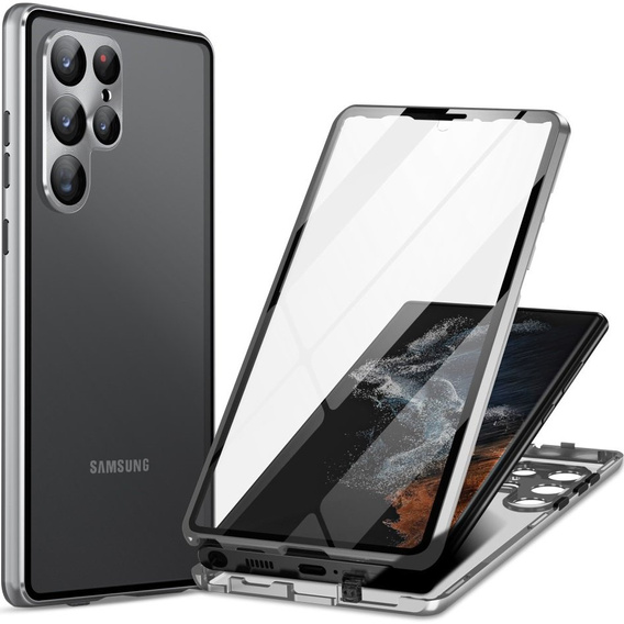 Puzdro pre Samsung Galaxy S23 Ultra, Magnetic Dual Glass, strieborné