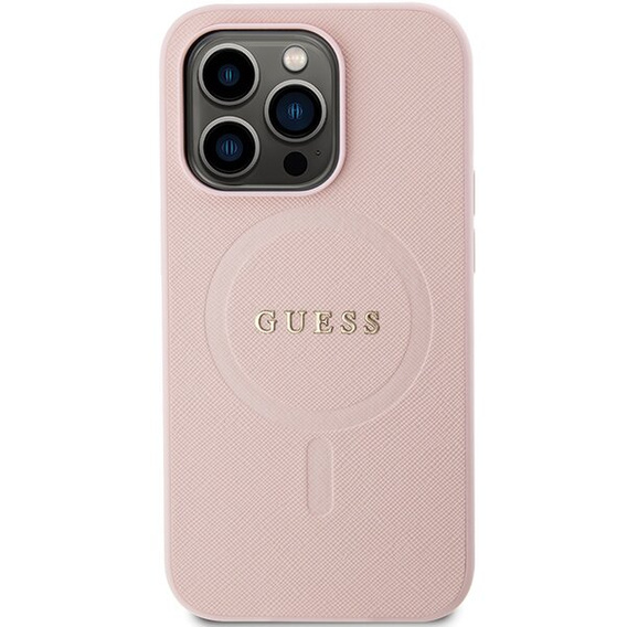 GUESS Obal na mobil pre iPhone 14 Pro, Saffiano MagSafe, ružové