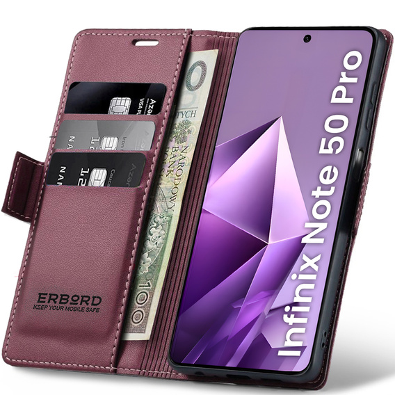 Puzdro pre Infinix Note 50 Pro, ERBORD Glossy Litchi, flipová peňaženka, červené