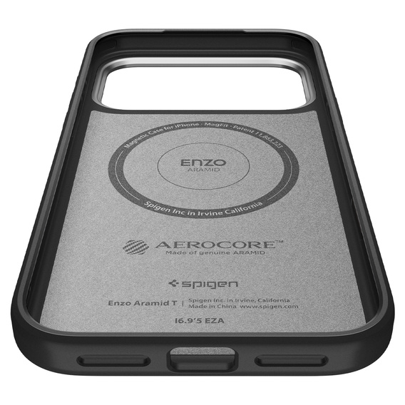 Spigen Enzo Aramid MagSafe puzdro pre iPhone 17 Pro, čierna / strieborná