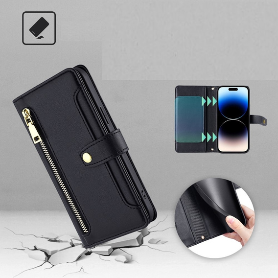 Klapkové puzdro pre iPhone 14 Pro, Wallet Zipper Pocket, čierne