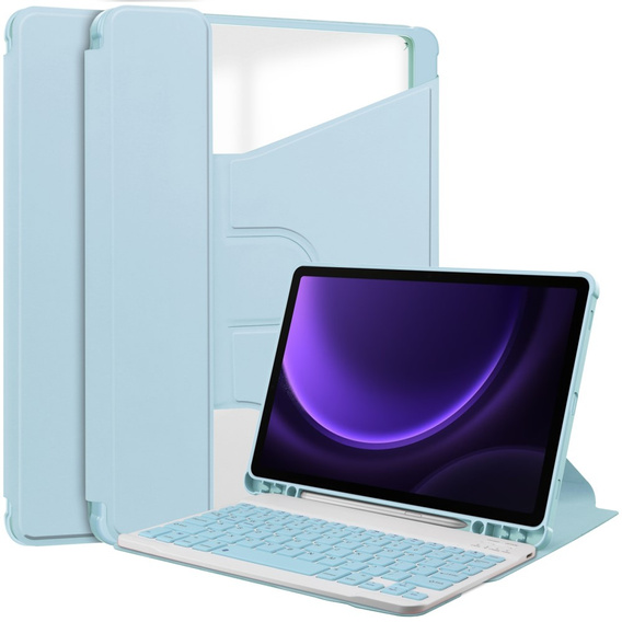 Puzdro s klávesnicou pre Samsung Galaxy Tab S9 FE+ Plus, Rotary 360° Leather, svetlomodré