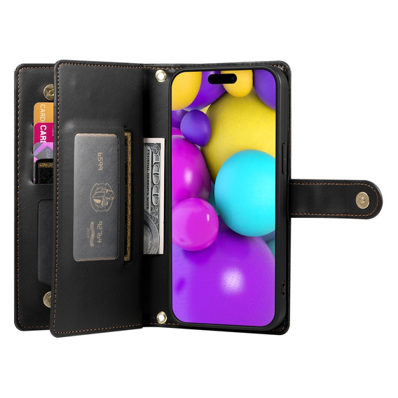 Klapkové puzdro pre iPhone 16 Plus, Wallet Zipper Pocket, čierne