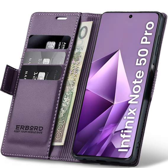 Puzdro pre Infinix Note 50 Pro, ERBORD Glossy Litchi, flipová peňaženka, fialové