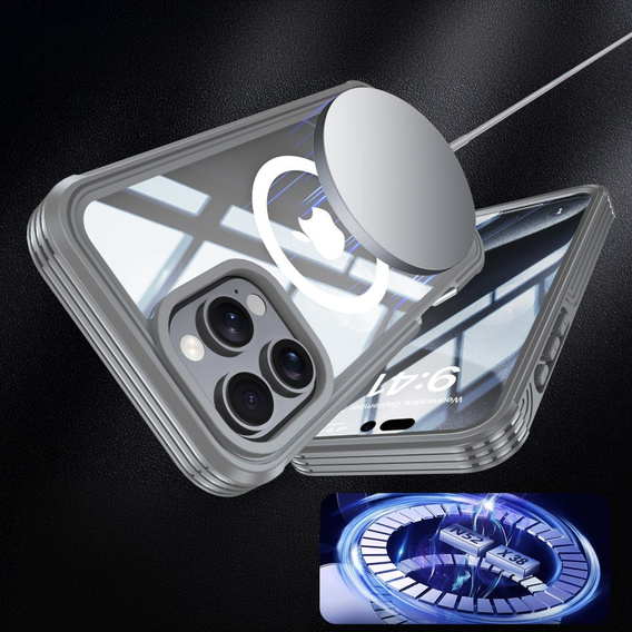 Puzdro pre iPhone 16 Pro, Shockproof, so sklom, pre MagSafe, sivé