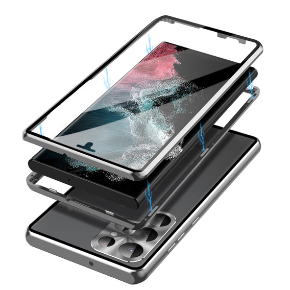 Puzdro pre Samsung Galaxy S23 Ultra, Magnetic Dual Glass, strieborné