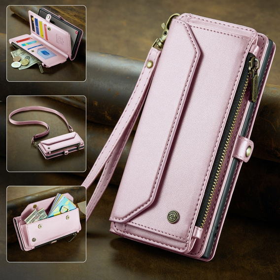 Puzdro CASEME pre Samsung Galaxy S25 Ultra, RFID Leather Wallet, s popruhom cez rameno, ružové