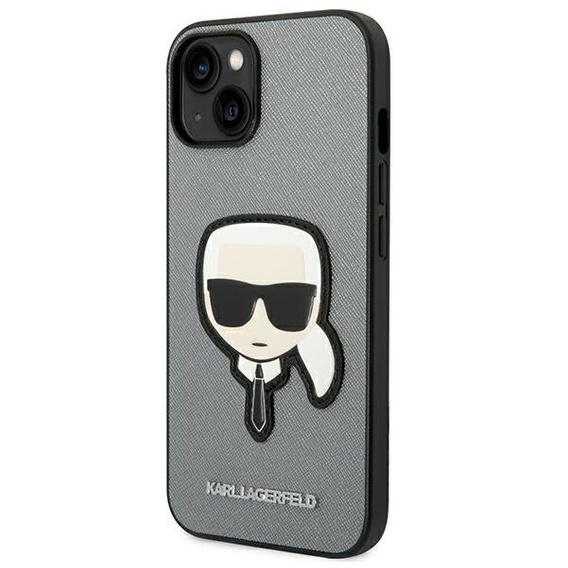 Karl Lagerfeld Obal na mobil pre iPhone 14, Saffiano Karl's Head Patch, strieborné