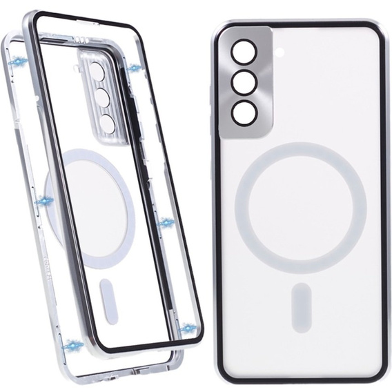 Magnetické puzdro Dual Glass MagSafe pre Samsung Galaxy S21+ Plus, strieborné