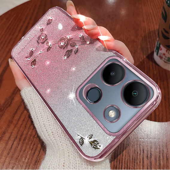 Puzdro pre Infinix Smart 7 4G, Glitter Flower, ružové rose gold