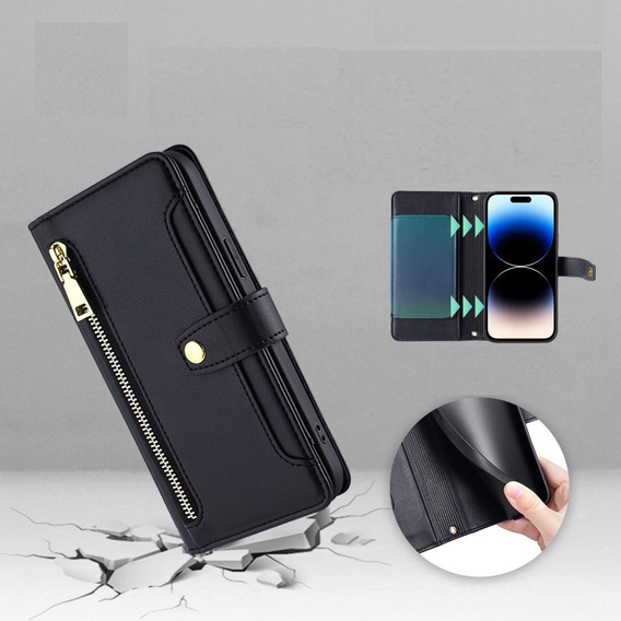 Klapkové puzdro pre iPhone 14 Pro Max, Wallet Zipper Pocket, čierne
