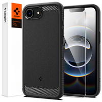 Puzdro Spigen pre iPhone 16E, Rugged Armor MagSafe, čierne + tvrdené sklo 9H
