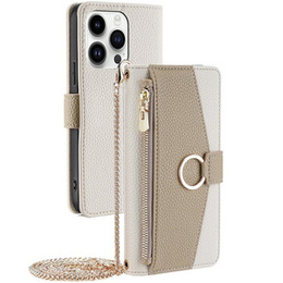 Flipové puzdro pre iPhone 14 Pro, Wallet Zipper Pocket, so zrkadlom, biele