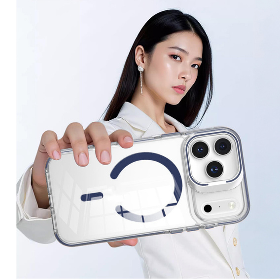 Puzdro pre iPhone 17 Pro, pre MagSafe, so stojanom, priehľadné s tmavomodrými vložkami