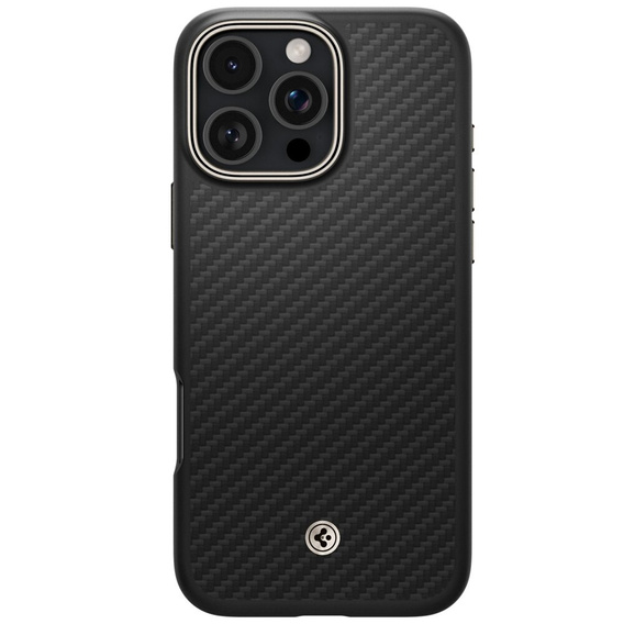 Puzdro Spigen pre iPhone 16 Pro, Enzo Aramid MagSafe, carbon čierne + tvrdené sklo 9H