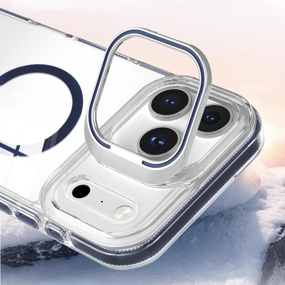 Puzdro pre iPhone 17 Pro, pre MagSafe, so stojanom, priehľadné s tmavomodrými vložkami