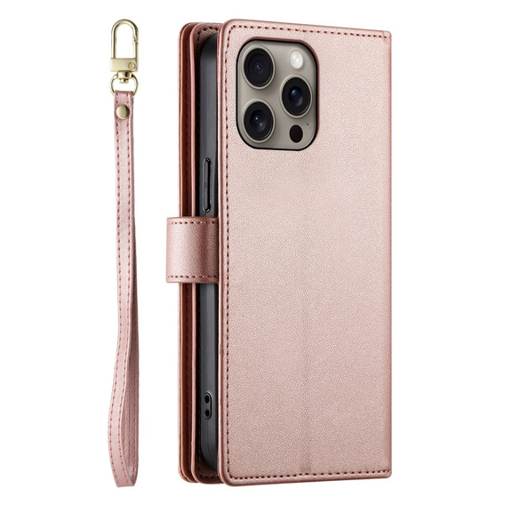 Klapkové puzdro pre iPhone 16 Pro, Wallet Zipper Pocket, ružové