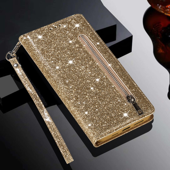 Klapkové puzdro pre Samsung Galaxy A36 5G, Wallet Zipper Pocket Glittery, zlaté