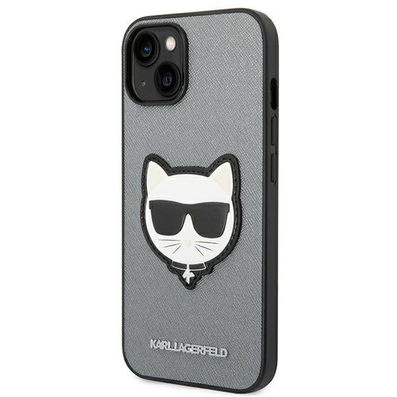 Karl Lagerfeld Obal na mobil pre iPhone 14 Plus, Saffiano Choupette Head Patch, strieborné