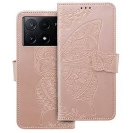Klapkové puzdro pre Xiaomi Poco F6 Pro, Butterfly, ružové rose gold