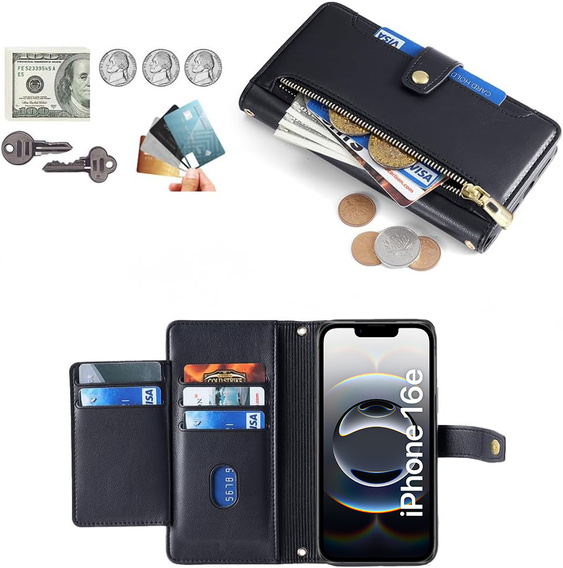 Klapkové puzdro pre iPhone 16E, Wallet Zipper Pocket, čierne