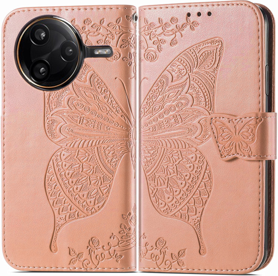 Klapkové puzdro pre Xiaomi Poco F7 Pro, Butterfly, ružové rose gold