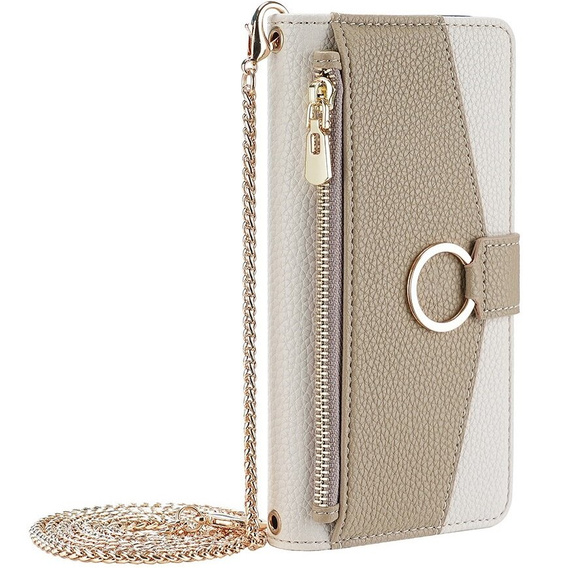 Flipové puzdro pre iPhone 15 Pro Max, Wallet Zipper Pocket, so zrkadlom, biele