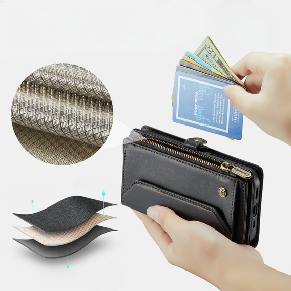 Puzdro CASEME pre iPhone16e, RFID Leather Wallet, s popruhom cez rameno, čierne