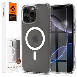 Puzdro MagSafe Spigen pre iPhone 16 Pro Max, Ultra Hybrid, transparentné / biele + tvrdené sklo 9H