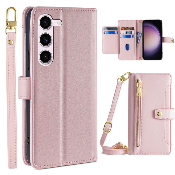 Klapkové puzdro pre Samsung Galaxy S23, Wallet Zipper Pocket, ružové