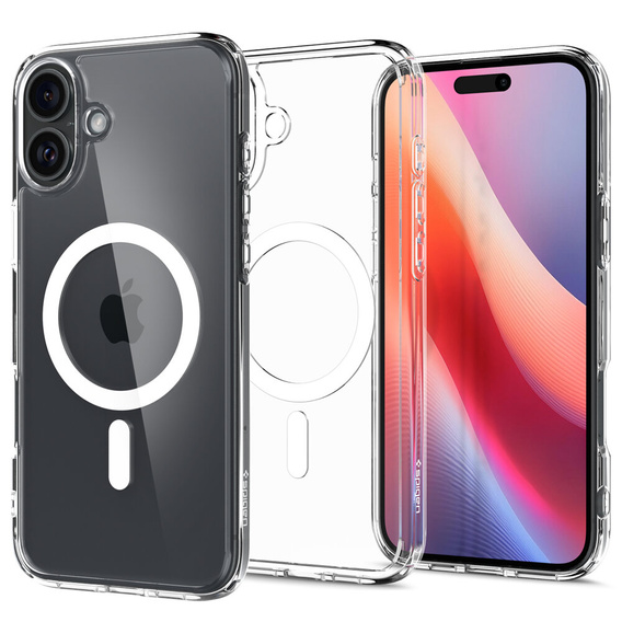Puzdro MagSafe Spigen pre iPhone 16, Ultra Hybrid, transparentné / biele + tvrdené sklo 9H