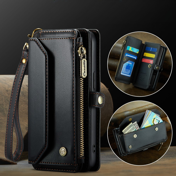 Puzdro CASEME pre iPhone16e, RFID Leather Wallet, s popruhom cez rameno, čierne