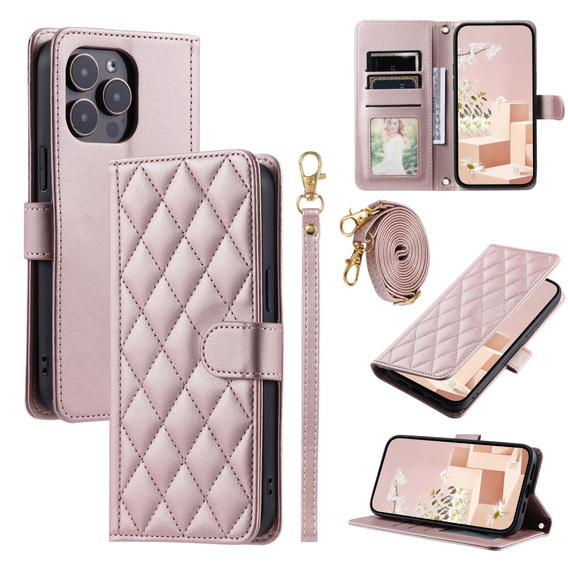 Puzdro s chlopňou pre iPhone 16 Pro, Rhombus Crossbody Leather, ružové rose gold