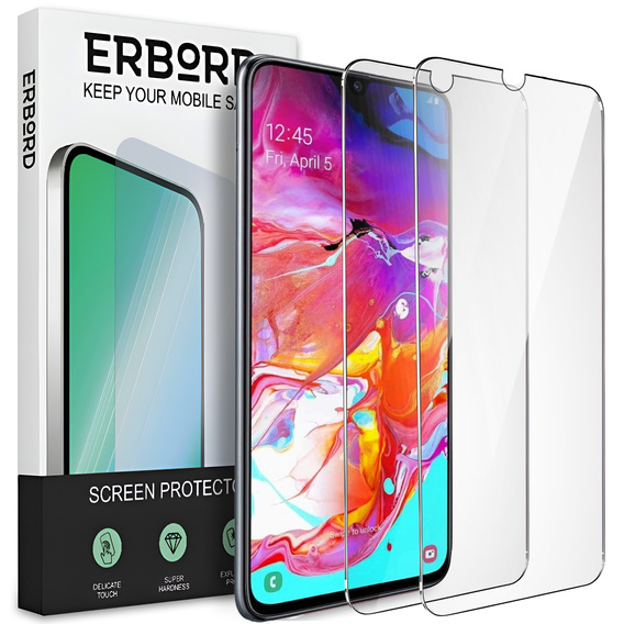 2x tvrdené sklo pre Samsung Galaxy A70, ERBORD 9H Hard Glass na displeji