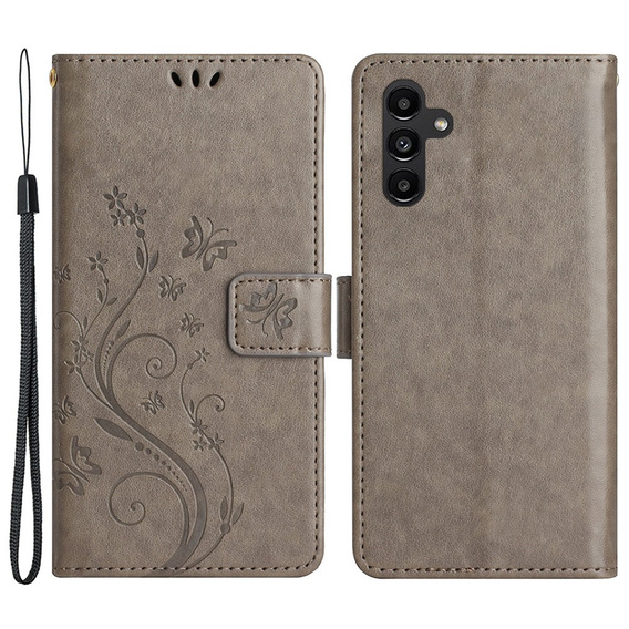 Klapkové puzdro pre Samsung Galaxy A25 5G, Butterfly, sivé + 9H sklo  