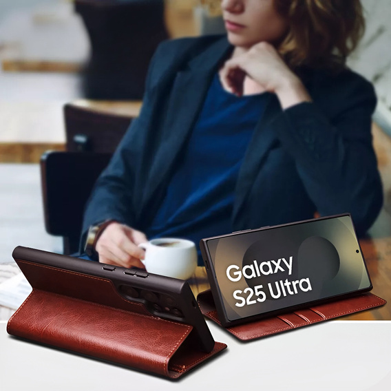 Flipové puzdro pre Samsung Galaxy S25 Ultra, QIALINO Leather Wallet, tmavohnedá