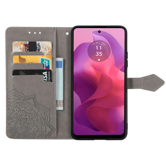 Klapkové puzdro pre Motorola Moto E14, Mandala, sivé