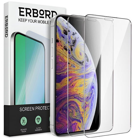 2x tvrdené sklo pre iPhone X/XS, ERBORD 9H Hard Glass na displeji